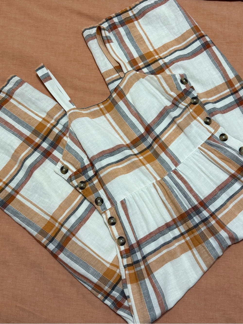 American Eagle Outfitters Tan, White & Rust Plaid Linen Dress